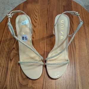 Rhinestone trimmed cream strappy 4 inch heels - Size 8.5